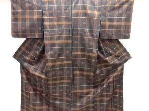 アンティーク　格子に絣柄織り出し米沢紬単衣着物